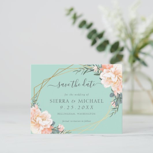 シックミントグリーンピーチ金ゴールドフローラ保存日付 案内ポストカード (スタンド正面)