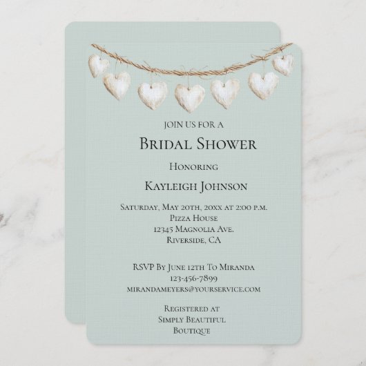 シックミントグリーンホワイトハートブライダルシャワー 招待状 (正面/裏面)