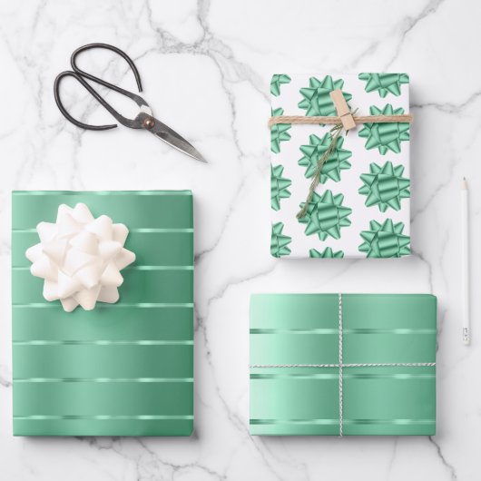 シックミントグリーンリボンボウブライダルシャワー ラッピングペーパーシート (正面)