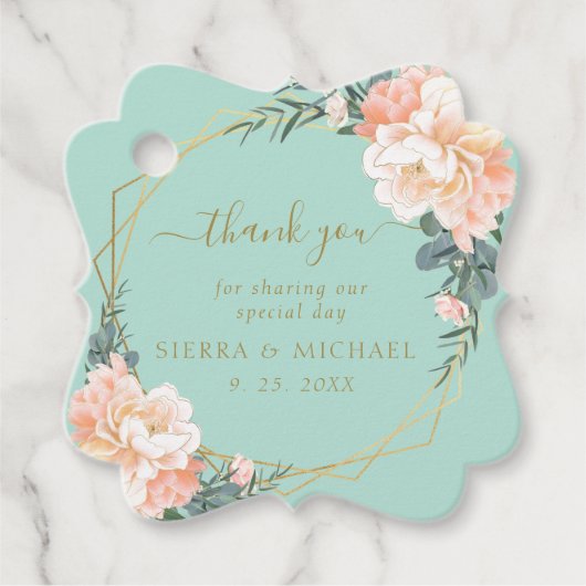 シックミントグリーン金ゴールド赤面ピーチフローラ結婚ズ フェイバータグ (正面)