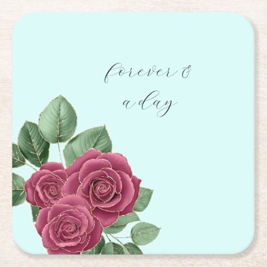 シックミントブルゴーニュ金ゴールド結婚バラ葉ズ スクエアペーパーコースター (正面)