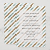 シックミントホワイト金ゴールドストライプグリッター結婚ズ 招待状 (正面/裏面)