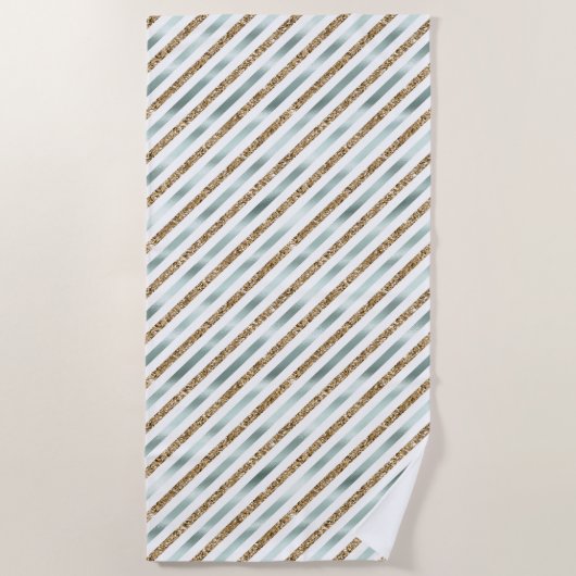 シックミントホワイト金ゴールドストライプグリッター ビーチタオル (正面)