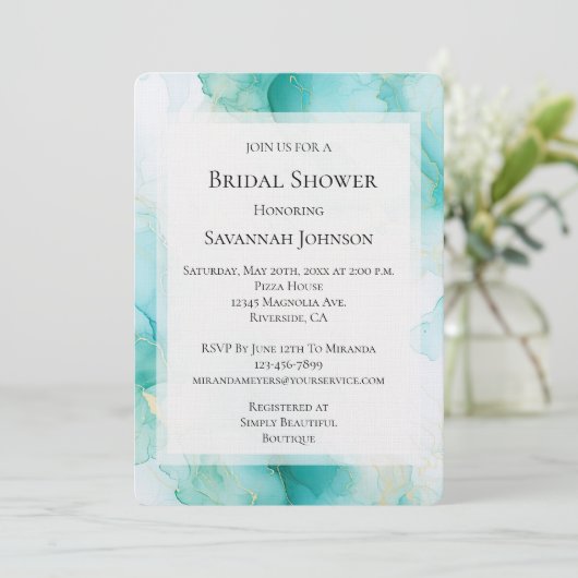 シックミントホワイト金ゴールドマーブルブライダルシャワー 招待状 (スタンド正面)