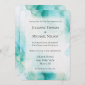 シックミントホワイト金ゴールドマーブル結婚ズ 招待状 (正面/裏面)