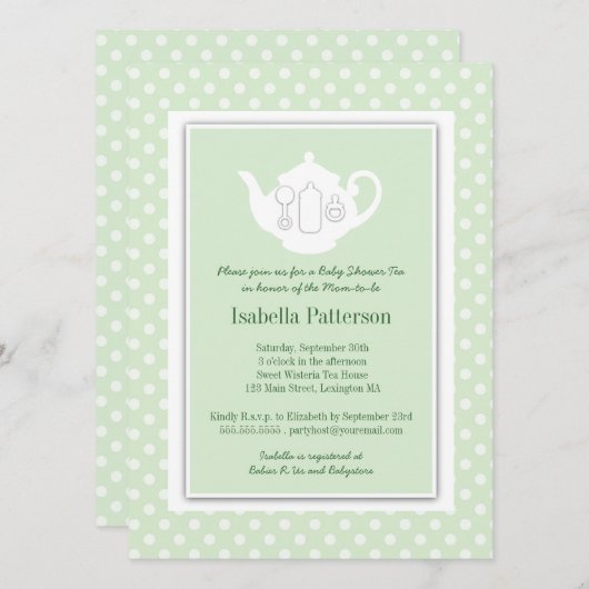 シックミント|白いティーポットのベビーシャワーティーパーティー 招待状 (正面/裏面)