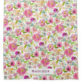 シックミント&赤面ピンクウォーターカラーフローラモノグラム シャワーカーテン (正面)