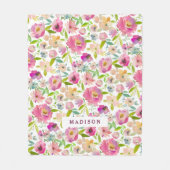 シックミント&赤面ピンクウォーターカラーフローラモノグラム フリースブランケット (正面)