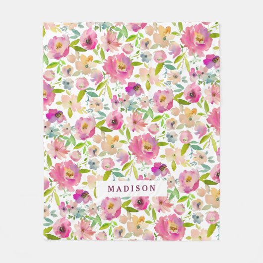 シックミント&赤面ピンクウォーターカラーフローラモノグラム フリースブランケット (正面)