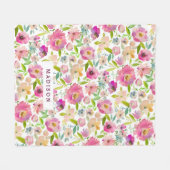 シックミント&赤面ピンクウォーターカラーフローラモノグラム フリースブランケット (正面(横))