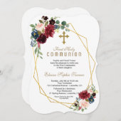 シックメルロネイビーフローラ金ゴールドフレームホリーコミュニオン 招待状 (正面/裏面)
