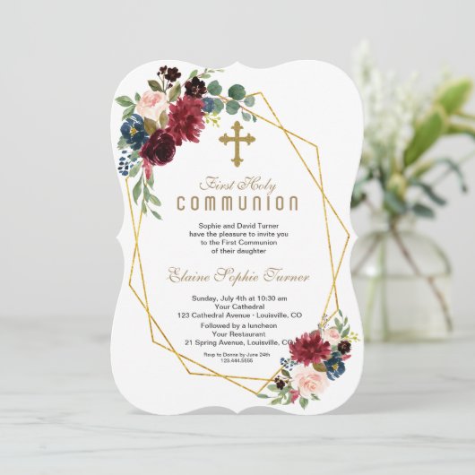 シックメルロネイビーフローラ金ゴールドフレームホリーコミュニオン 招待状 (スタンド正面)