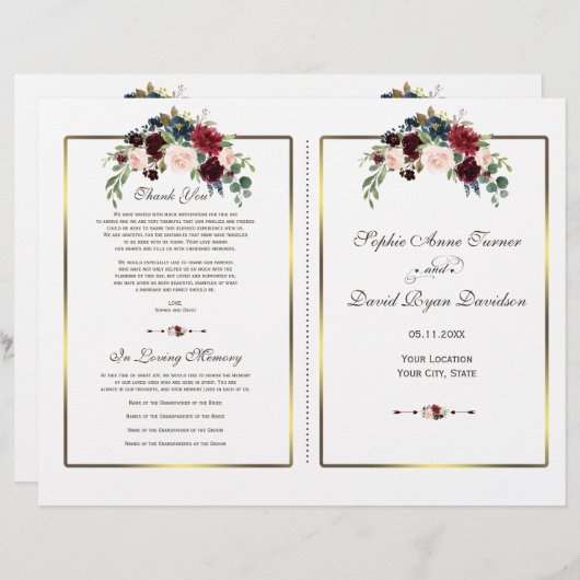 シックメルロネイビーフローラ金ゴールドフレーム結婚式 プログラム (正面/裏面)