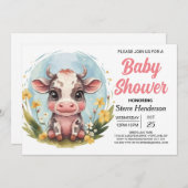 シックモダンお洒落な牛の赤ちゃんシャワー 招待状 (正面/裏面)