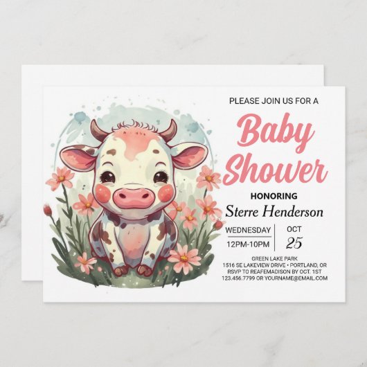 シックモダンかわいい牛の赤ちゃんシャワー 招待状 (正面/裏面)