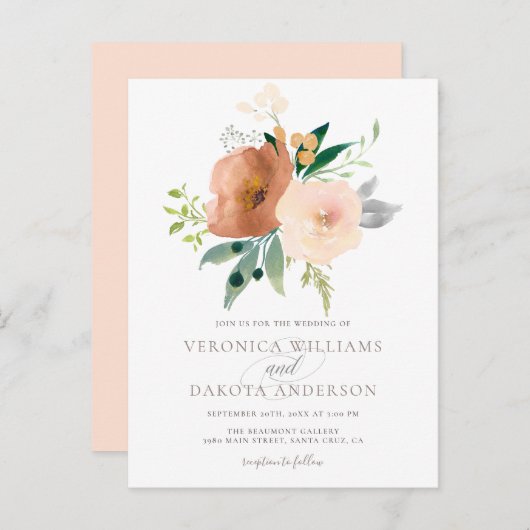 シックモダンで繊細な水色のフローラ結婚ズ インビテーションポストカード (正面/裏面)