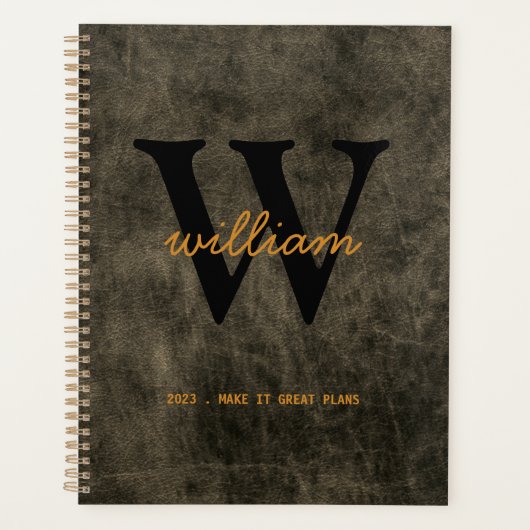 シックモダンなグレーレザースクリプト黒モノグラム プランナー手帳 (正面)