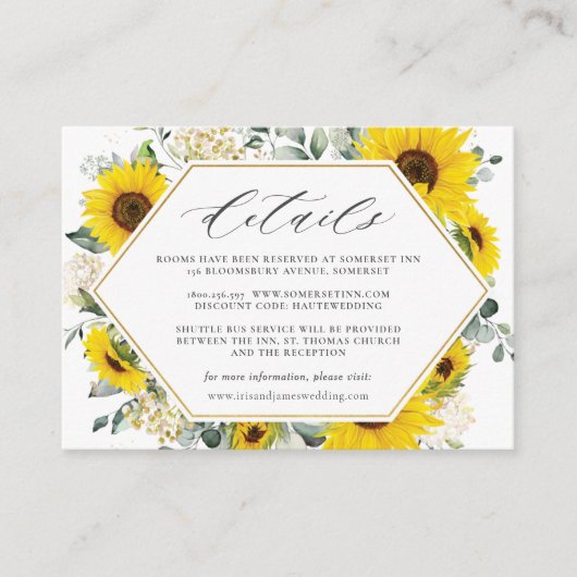 シックモダンなサンフラワーフローラ結婚ズ詳細 エンクロージャーカード (正面)