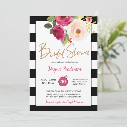 シックモダンなストライプピンクの花のブライダルシャワー 招待状 (スタンド正面)