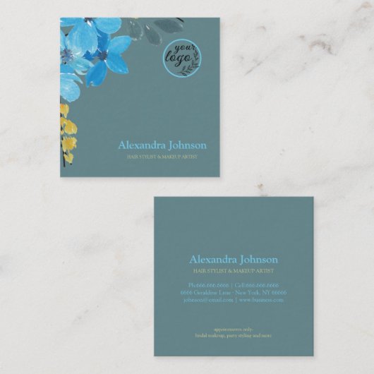 シックモダンなトロピカルウォーター色のヘアメイクアップロゴ スクエア名刺 (正面/裏面)