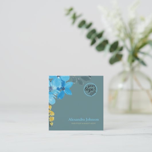 シックモダンなトロピカルウォーター色のヘアメイクアップロゴ スクエア名刺 (スタンド正面)