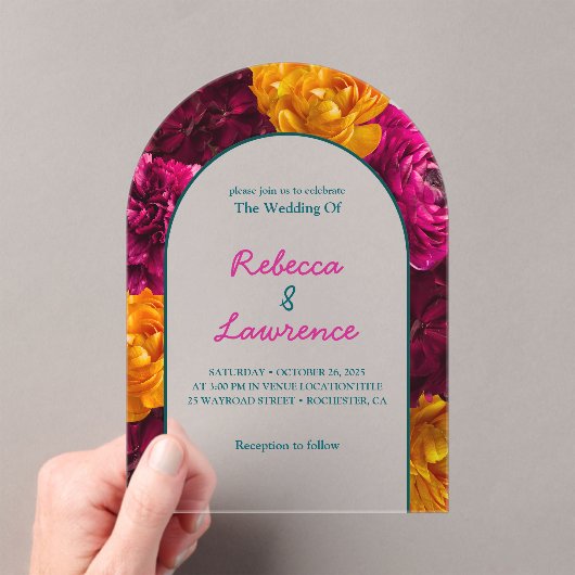 シックモダンなピンク色の緑の黄色のフローラ結婚アーチ アクリル招待状 (インサイチュ (ポータブル))