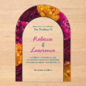 シックモダンなピンク色の緑の黄色のフローラ結婚アーチ アクリル招待状 (正面)