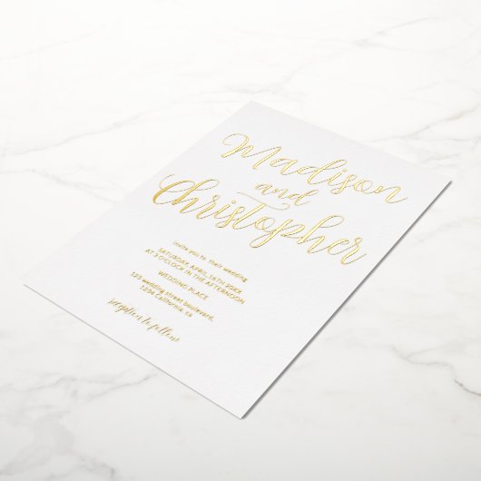 シックモダンなフォトブラシは白の名結婚前 箔招待状 (回転した状態)