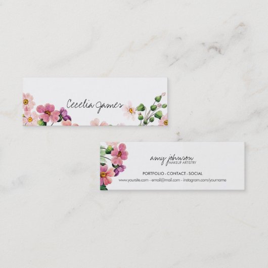 シックモダンなメイクアップアーティストの水色ピンクフローラ スキニー名刺 (正面/裏面)
