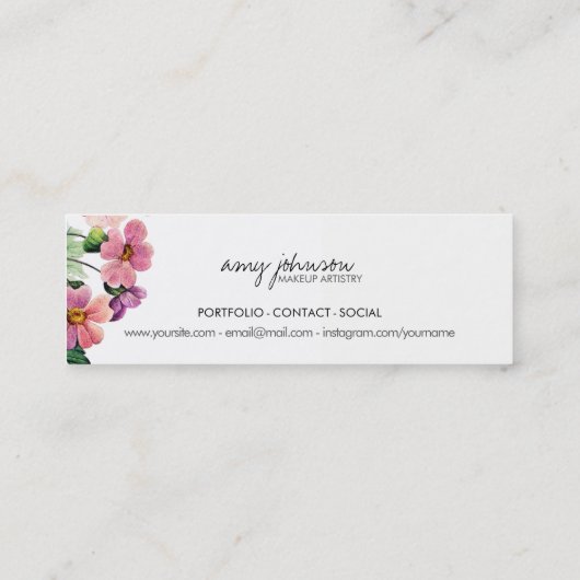 シックモダンなメイクアップアーティストの水色ピンクフローラ スキニー名刺 (裏面)