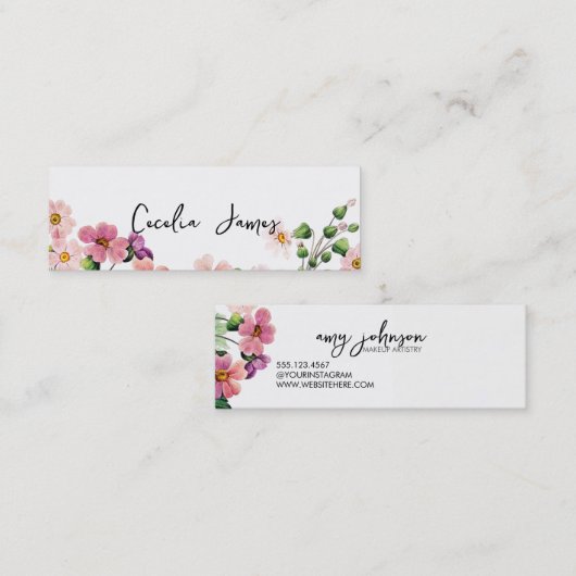 シックモダンなメイクアップアーティストの水色ピンクフローラ スキニー名刺 (正面/裏面)