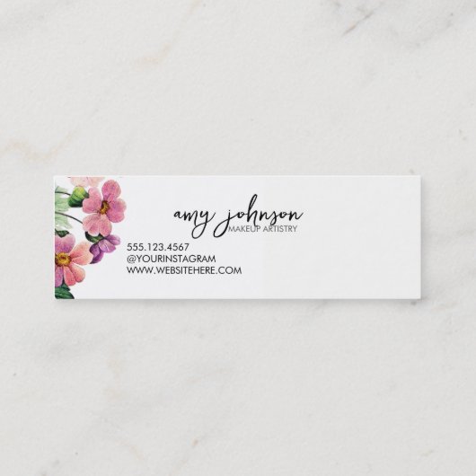 シックモダンなメイクアップアーティストの水色ピンクフローラ スキニー名刺 (裏面)