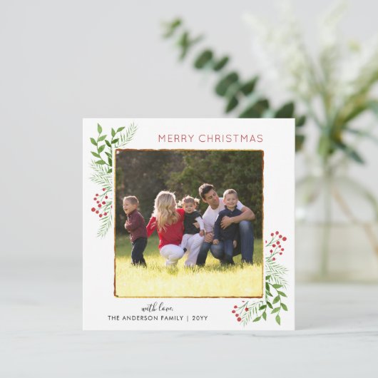 シックモダンなメリークリスマス離れのベリーの写真 シーズンカード (スタンド正面)