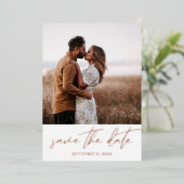 シックモダンな写真の垂直方向の日付を保存する白 箔招待状 (立ち正面)