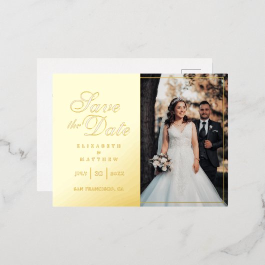シックモダンな写真の結婚式の日付を保存 箔招待状ポストカード (正面/裏面)