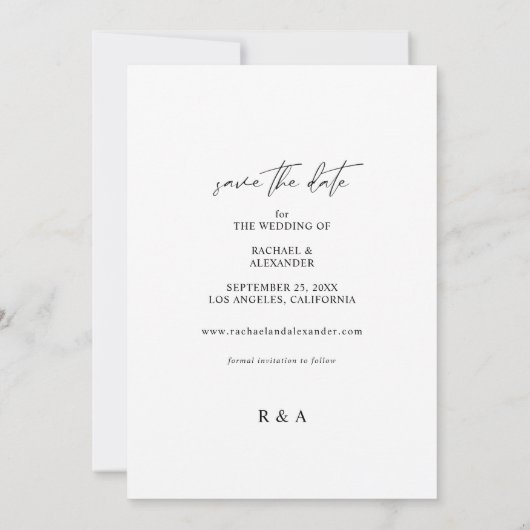 シックモダンな写真の風景の日付を保存する白 招待状 (裏面)