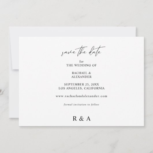 シックモダンな写真水平の日付を保存する白 招待状 (裏面)