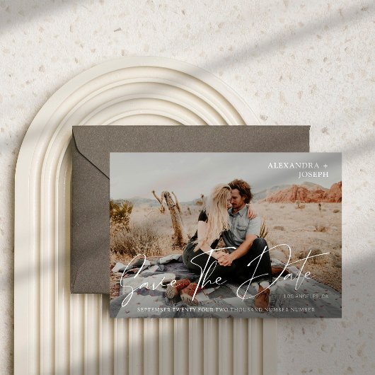 シックモダンな写真長い日付日付を保存する白 招待状