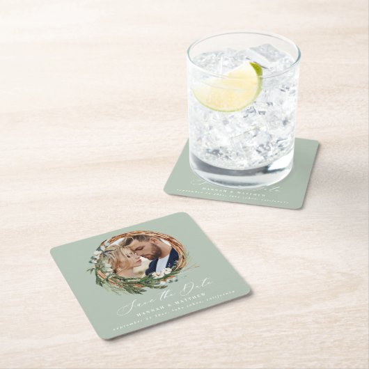 シックモダンな台本の葉のリースフォト結婚ズ スクエアペーパーコースター (インサイチュ)