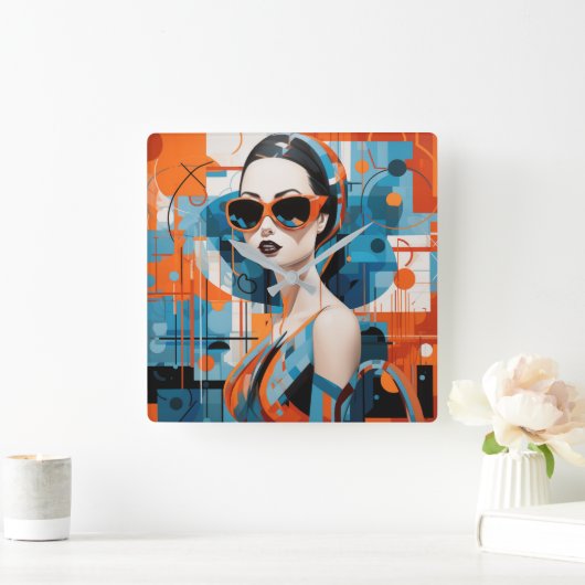 シックモダンな女性、幾何学的な優雅さ スクエア壁時計 (ホーム)