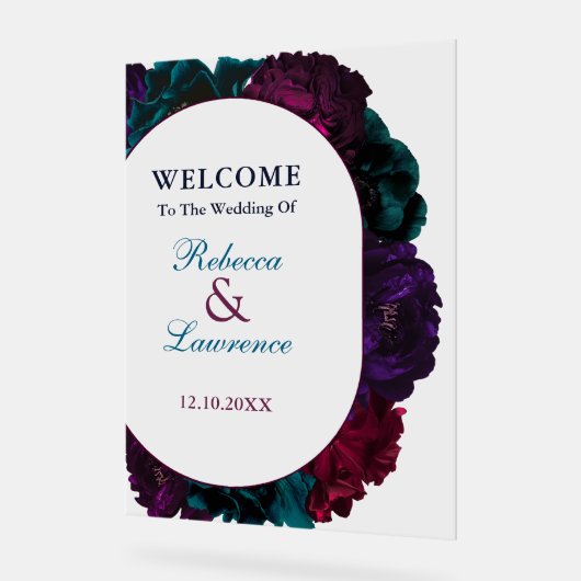 シックモダンな宝石トーンのフローラ結婚の歓迎 アクリルサイン (傾斜)