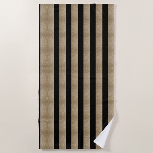 シックモダンな幾何学的ブラックと金ゴールドストライプ ビーチタオル (正面)
