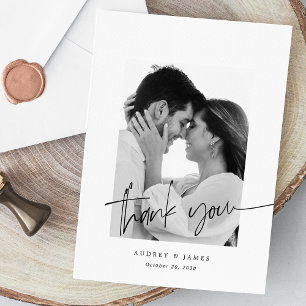 シックモダンな手書きホワイトフォト結婚ズ サンキューカード