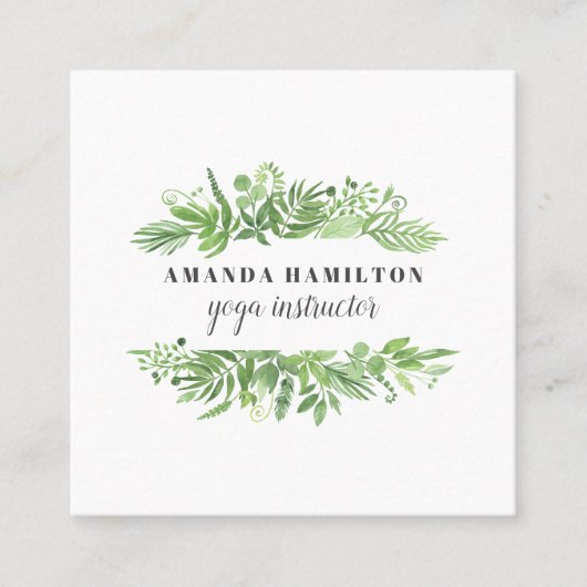 シックモダンな水色の野生の牧草地の緑の葉 スクエア名刺 (正面)