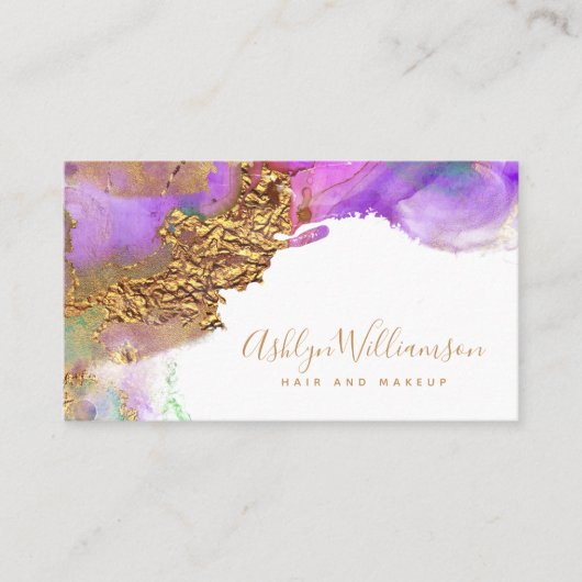 シックモダンな水色金ゴールド紫ピンク(ばちゃばちゃ)跳ねる 名刺 (正面)
