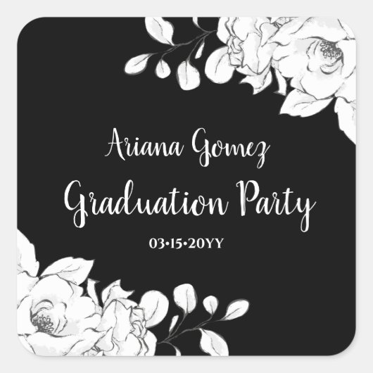 シックモダンな白黒フローラ卒業 スクエアシール (正面)