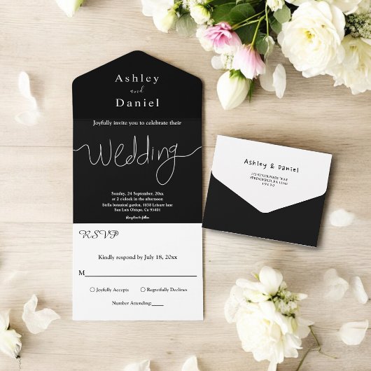 シックモダンな白黒ミニマル結婚の オールインワン招待状