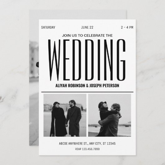 シックモダンな白黒結婚写真 招待状 (正面/裏面)