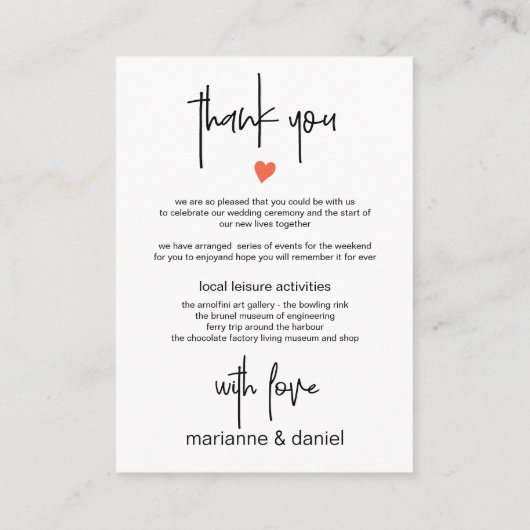 シックモダンな結婚週末の旅程と歓迎 エンクロージャーカード (裏面)