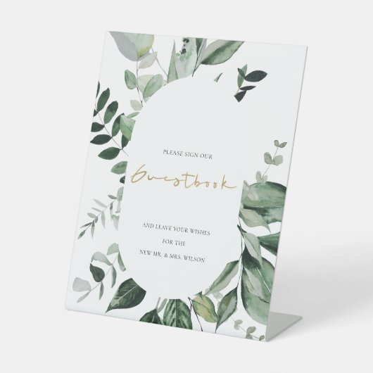 シックモダンな緑の葉の熱帯の結婚葉 台座サイン (正面)